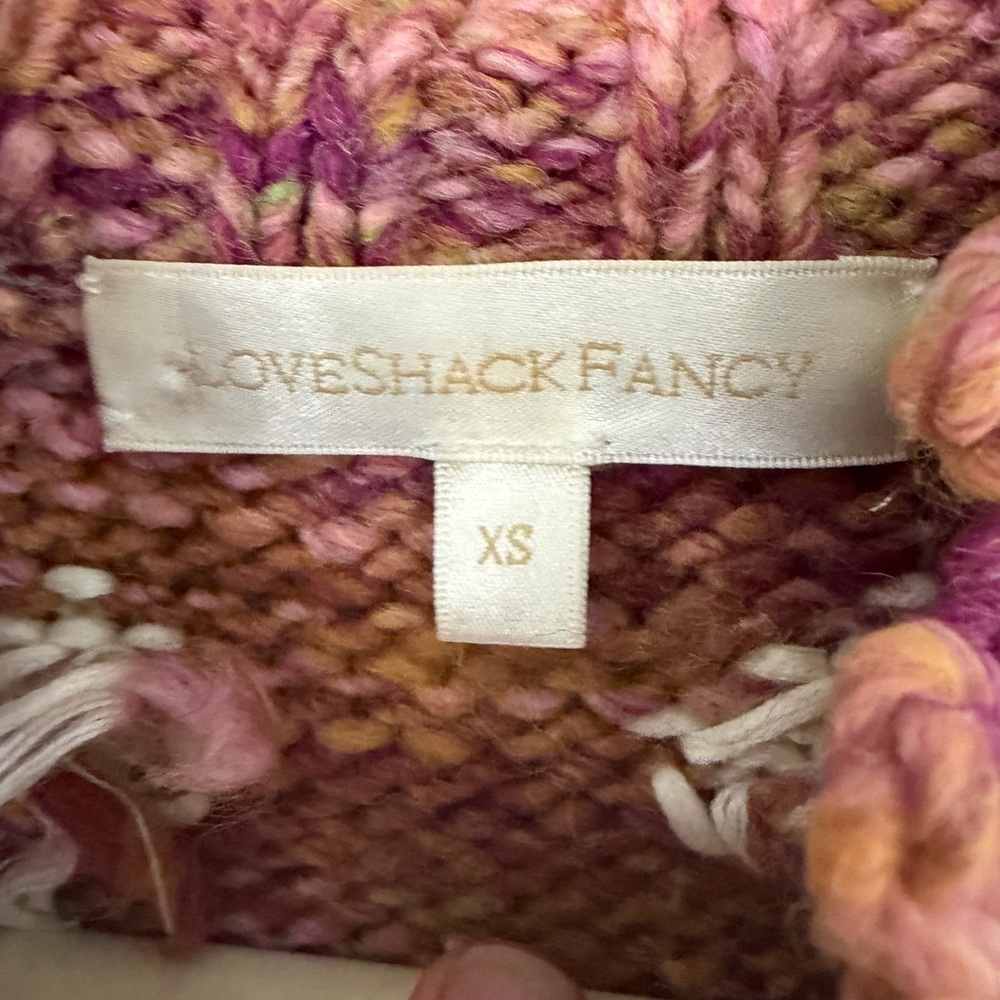 LoveShackFancy Women’s XS Pink Chunky Knit Hearts High Neck Snap Up Cardigan - Picture 3 of 9
